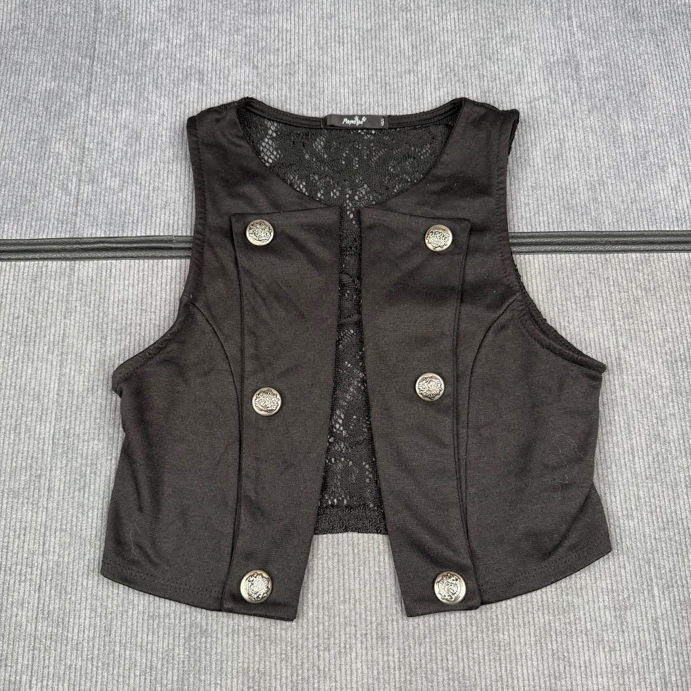 Papaya Black Cropped Vest Lace Back Military Crest Buttons Gothic Steampunk S